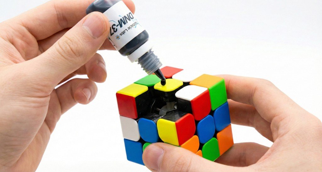 Lubricant being applied to a speed cube